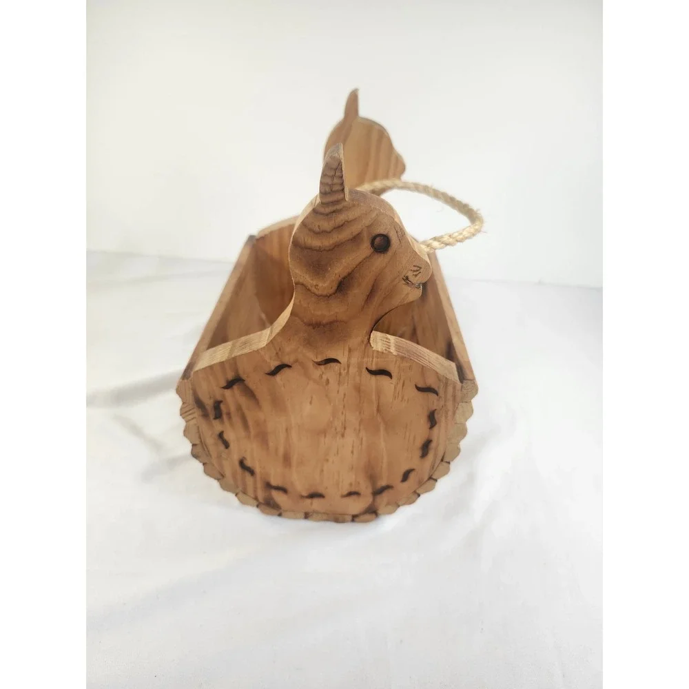 Vintage Wooden Folk Art Cat Basket Rope Handle Rustic Handcrafted Decor 8.5in